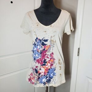 Eddie Bauer Beige Burnout Cotton Floral Short Sleeve Women's Top Size Medium EUC